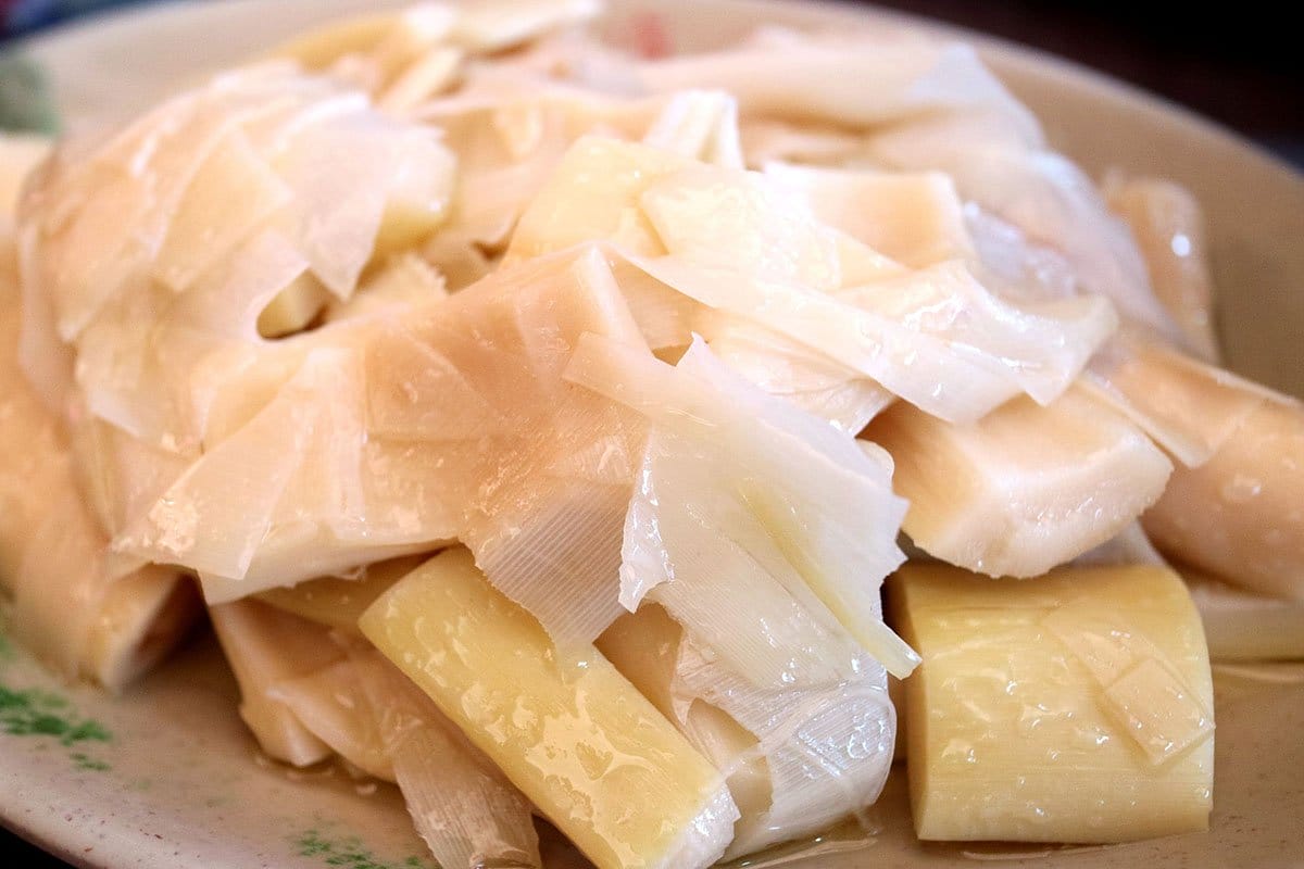 Cooked, edible bamboo shoots on a plate