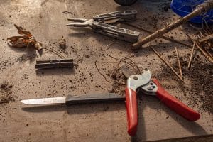 Pruning shears, a knife, and pliers on a table with bamboo sticks