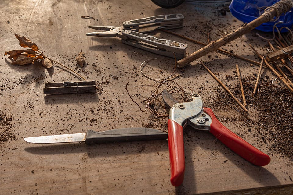 Pruning shears, knife, and pliers on a table with soil and bamboo sticks