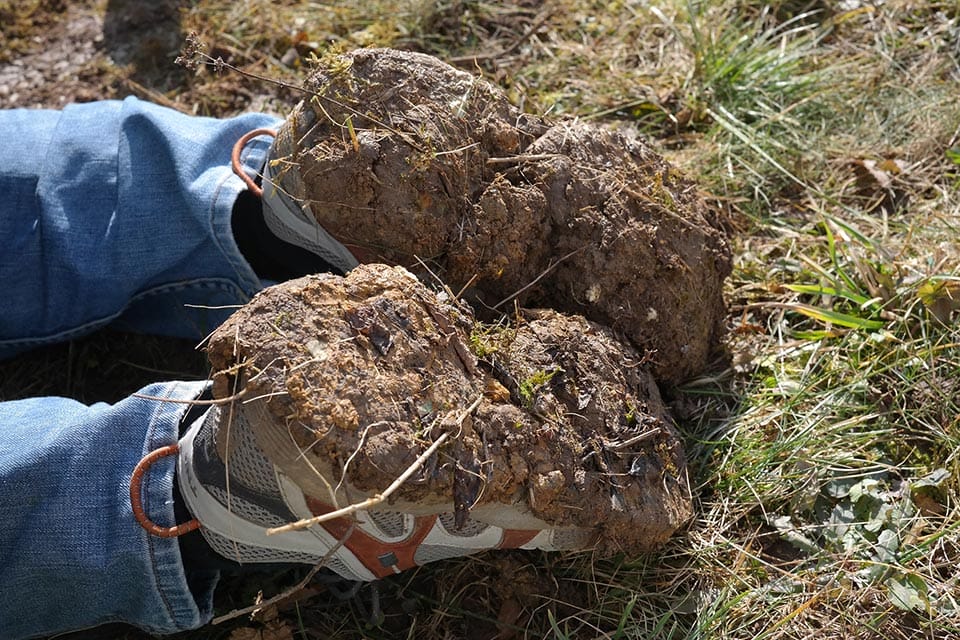 Clay soil stuck at the bottom of gardening shoes