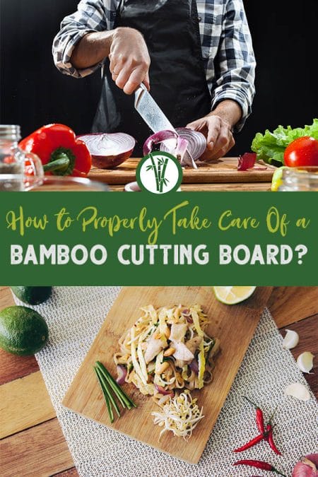 A person cutting onion on a bamboo cutting board on top and mix of a salad on a bamboo board at the bottom with the text in the middle: How to properly take care of a bamboo cutting board?