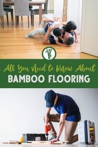 Family enjoying on a bamboo floor on top and bamboo floor installation in progress on bottom with the text: All you need to know about Bamboo Flooring