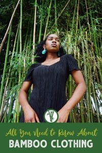 Woman wearing a black bamboo dress in a bamboo garden with the text: All you need to know about bamboo clothing