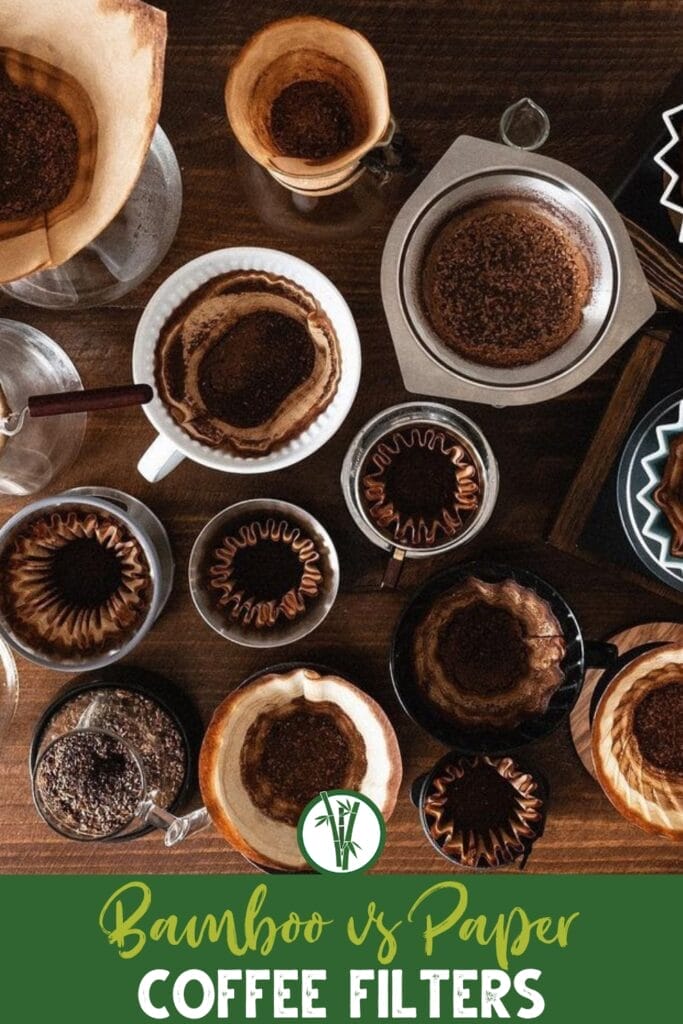 A variety of bamboo coffee filters arranged on a wooden table with a text below: Bamboo vs Paper Coffee Filters