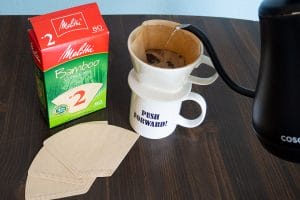 Bamboo coffee filters with kettle and pour-over set-up