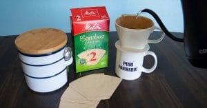 Bamboo coffee filters with kettle, pour-over set-up and coffee container