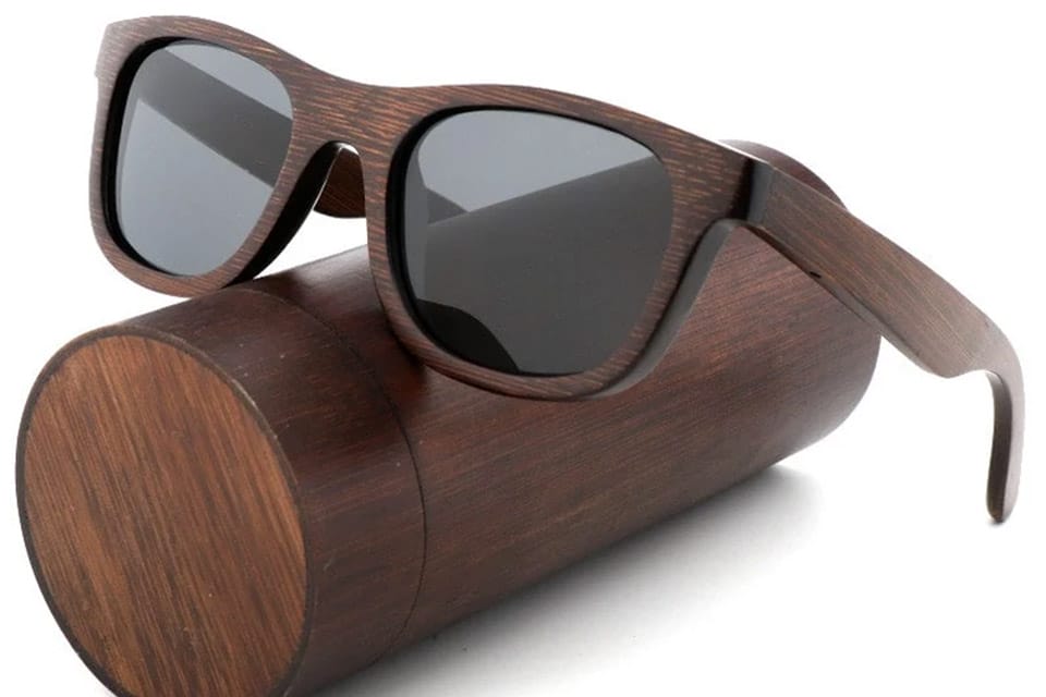 Dark brown bamboo sunglasses with bamboo case