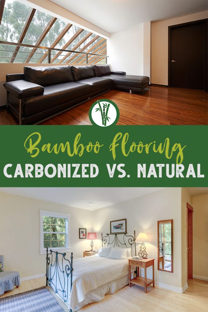 Two rooms in a house with different colored flooring and the text: Bamboo Flooring - Carbonized vs. Natural