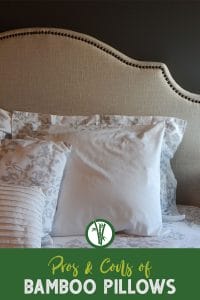Pillows on a bed with the text: Pros & Cons of Bamboo Pillows
