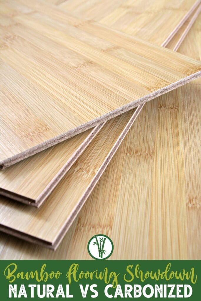 A pile of bamboo flooring stacked neatly together with a text below: Bamboo Flooring Showdown: Natural vs Carbonized