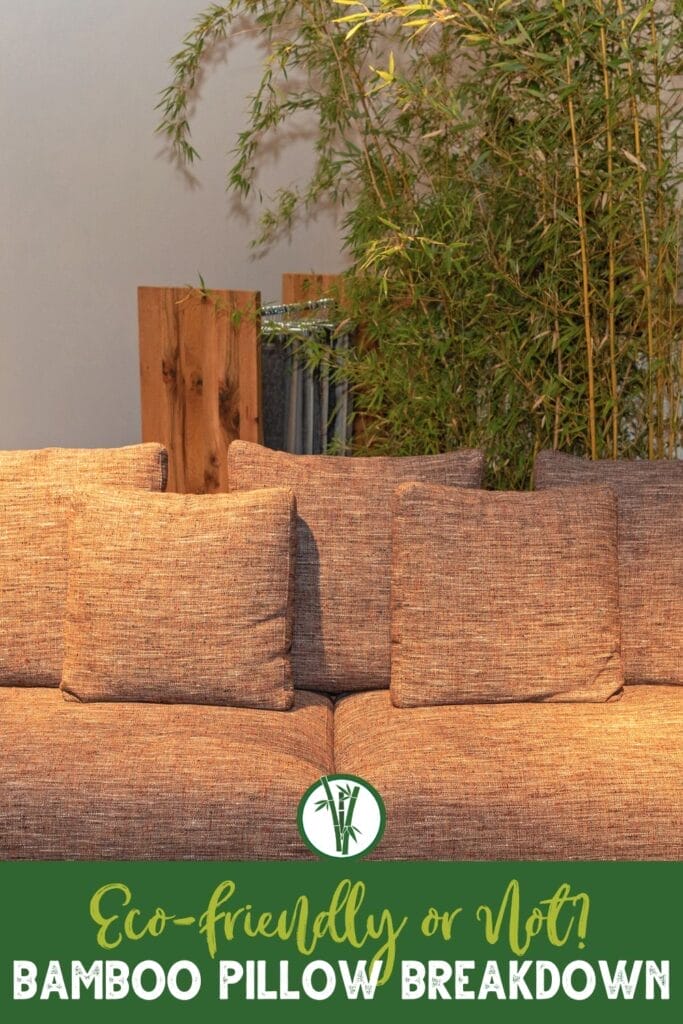 A couch in a living room with bamboo pillows