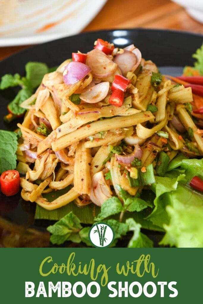 A bamboo shoot recipe with a text below: Cooking with Bamboo Shoots