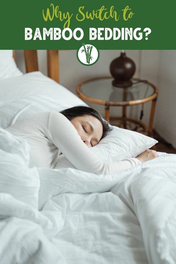 A person sleeping in a bamboo quilt and comforter with the the text Why Switch to Bamboo Bedding?