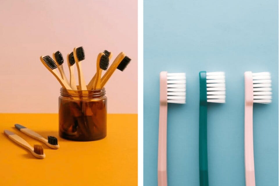 Bamboo toothbrushes placed in a brown jar and pink and green plastic toothbrushes in a blue background.