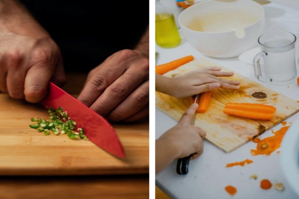 A person chopping green pepper into bits using a bamboo cutting board and another person chopping carrots using a wood cutting board.