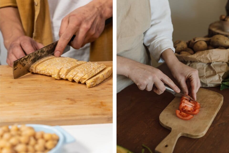 Person chopping bread on a bamboo cutting board (left) and person chopping tomatoes on a wooden cutting board (right)