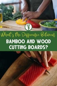 Top image, a person cutting bell peppers using a bamboo cutting board, bottom image is a person slicing raw fish on a wood cutting board and the text: What's the Difference Between Bamboo and Wood Cutting Boards?
