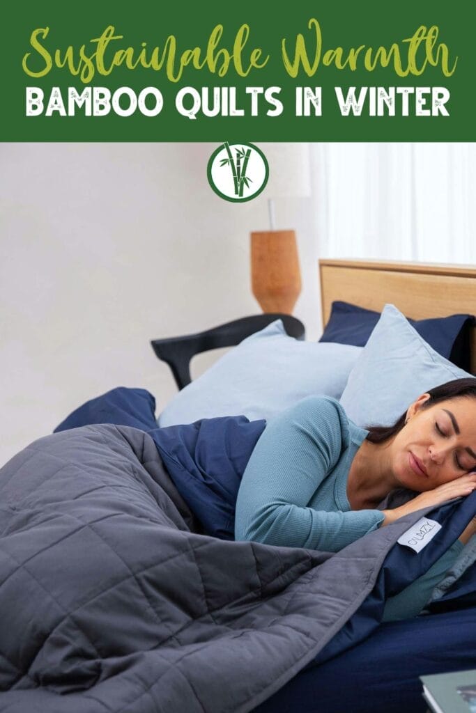 A woman sleeping comfortably on the bed with a text above: Sustainable Warmth: Bamboo Quilts in Winter