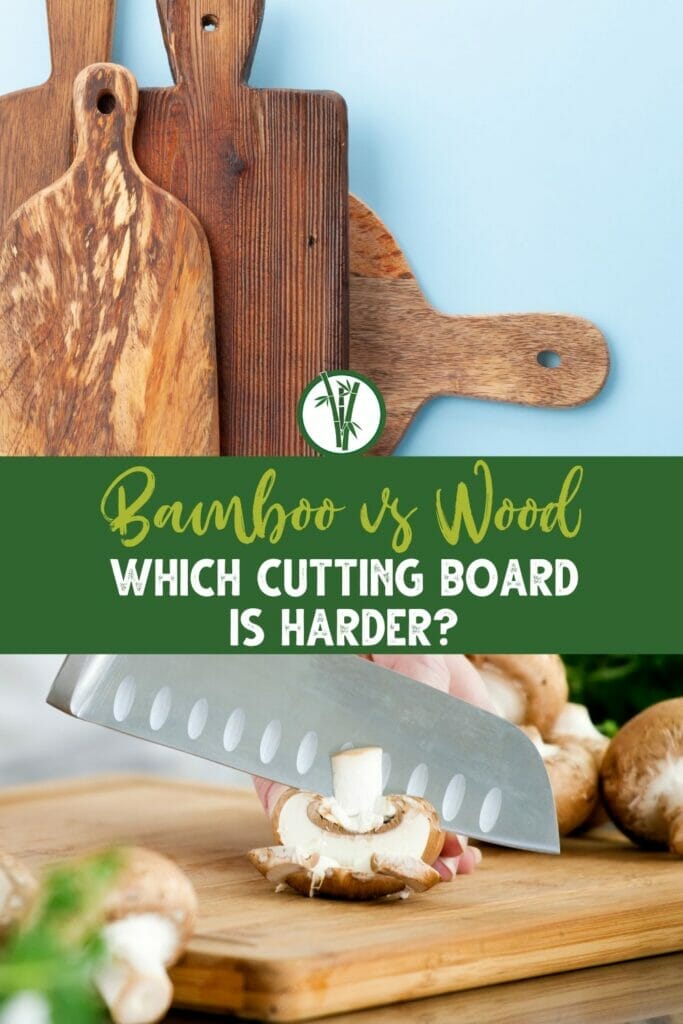 Four wooden chopping boards at the top, a knife cutting a mushroom on a bamboo chopping board below, with text in the middle: Bamboo vs Wood: Which Cutting Board is Harder?