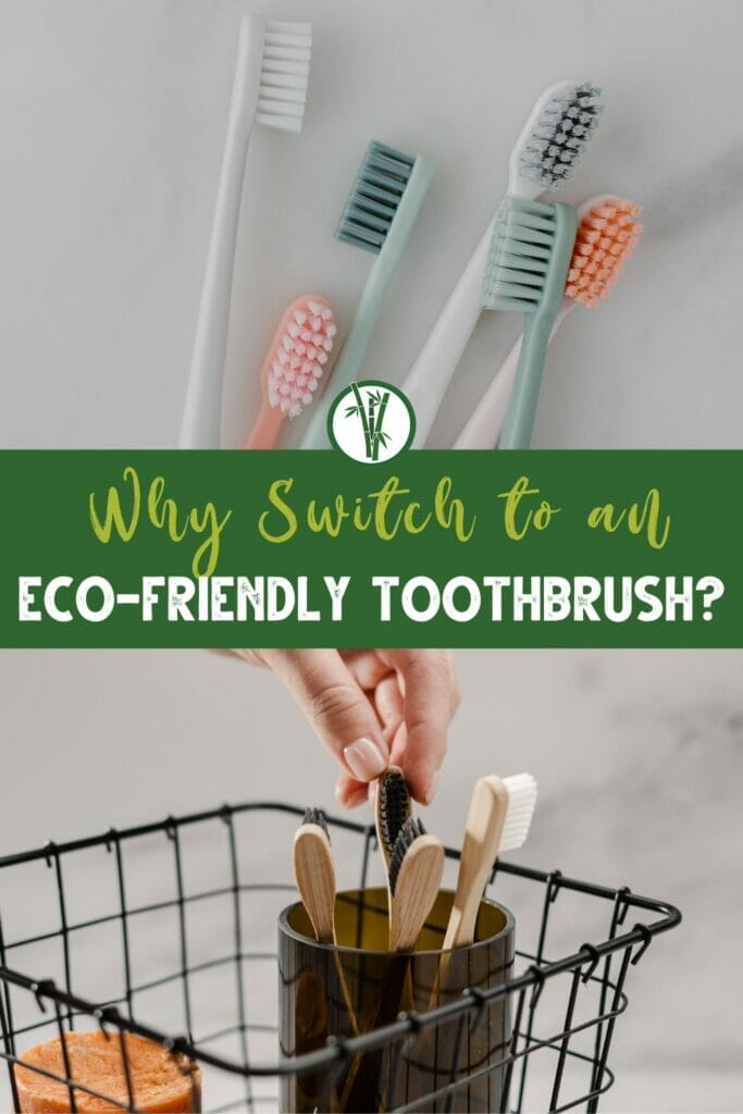Top image is plastic toothbrushes in various colors and bottom image is a hand picking one of the bamboo toothbrushes placed in a glass holder with the text Why switch to an eco-friendly toothbrush?