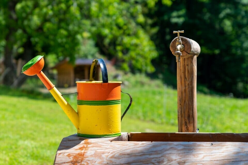 Watering can on wooden water basin with a fountain