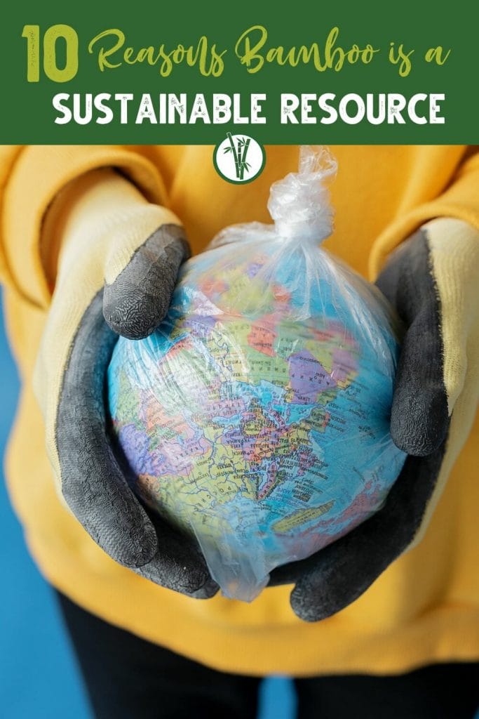 gloved hands holding a globe wrapped in plastic with the text 10 reasons bamboo is a sustainable resource