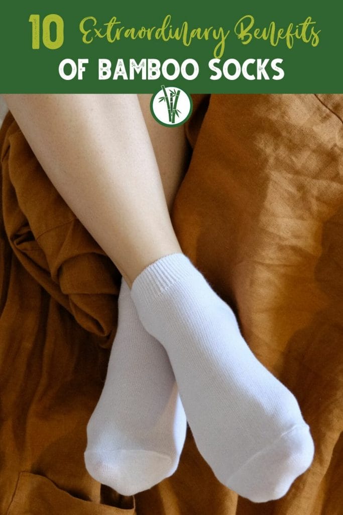 a person wearing white socks with the text 10 extraordinary benefits of bamboo socks