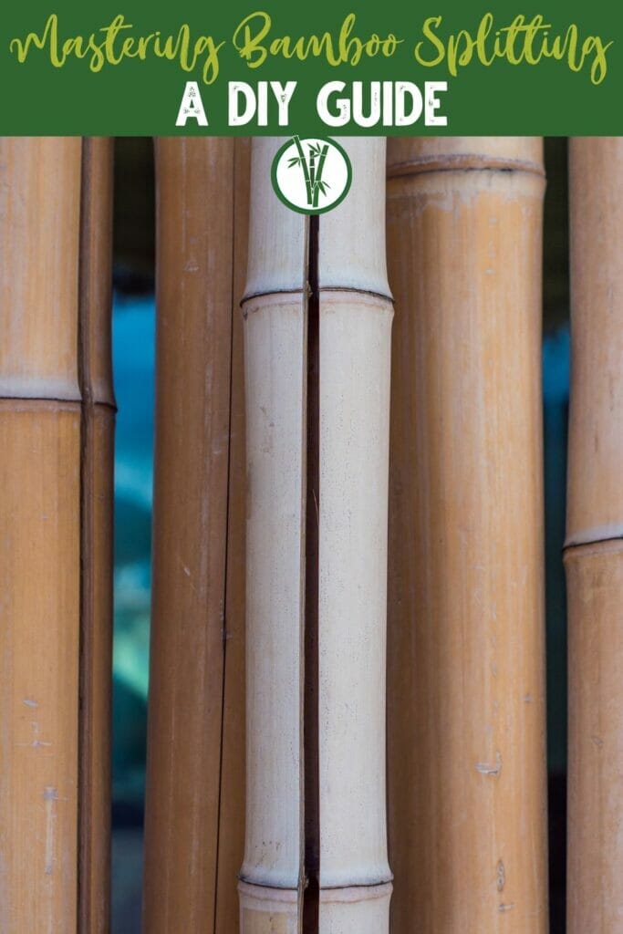 Bamboo stems that are split in half, with a text above: Mastering Bamboo Splitting: A DIY Guide
