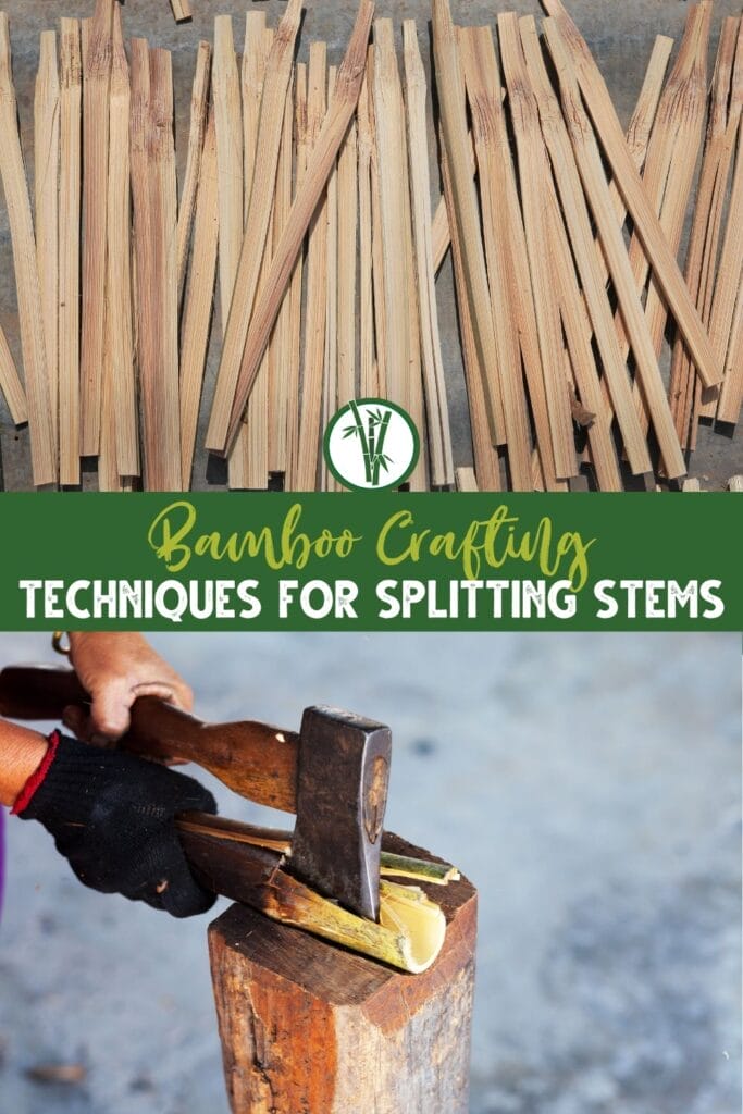 split bamboo stems on the floor and a hand splitting a bamboo stem with a text above: Bamboo Crafting: Techniques for Splitting Stems