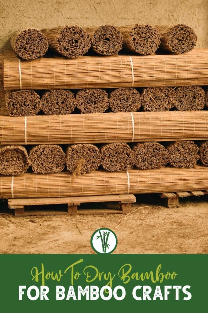 Bundled up dry bamboo stems with the text: How To Dry Bamboo For Bamboo Crafts