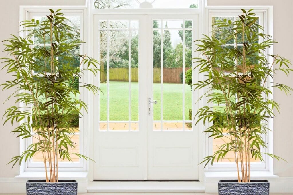 Two artificial bamboo screening plants in black decorative pots placed behind the french door, serving as a privacy screen