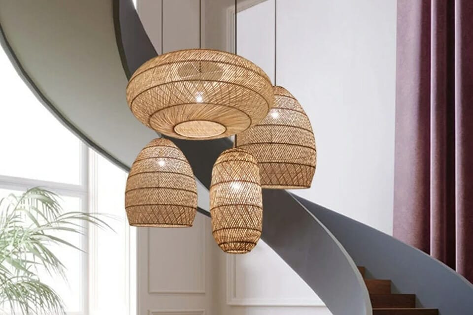 Bamboo pendant lights in front of a stair case also can make for some great bamboo garden accents