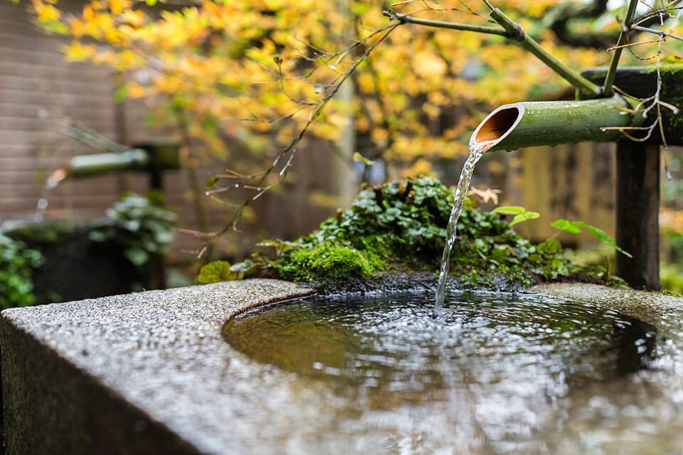 Bamboo Water fountains in a garden making it a great water feature and bamboo garden accent