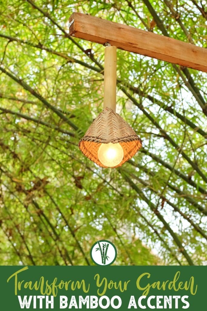 A bamboo lamp hanging in a garden with a text below: Transform Your Garden with Bamboo Accents