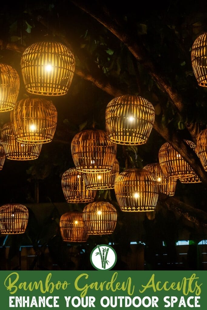A garden illuminated by hanging bamboo lanterns with a text below: Bamboo Garden Accents: Enhance Your Outdoor Space