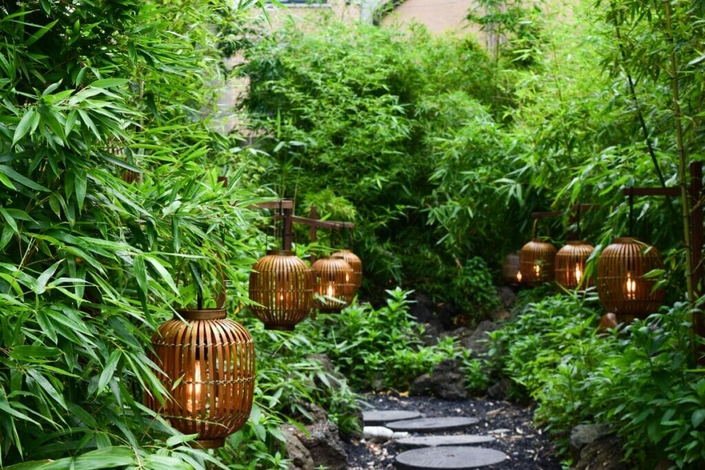 Illuminated bamboo lanterns placed throughout a bamboo garden, serving as unique bamboo garden accents