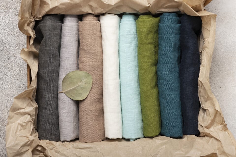 Set of bamboo linen bed sheets stored in a box